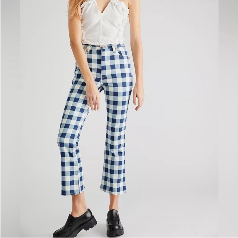 Wrangler 30 Jeans Wrock 672 High-Rise Kick Flare Blue Plaid Gingham Check NWT